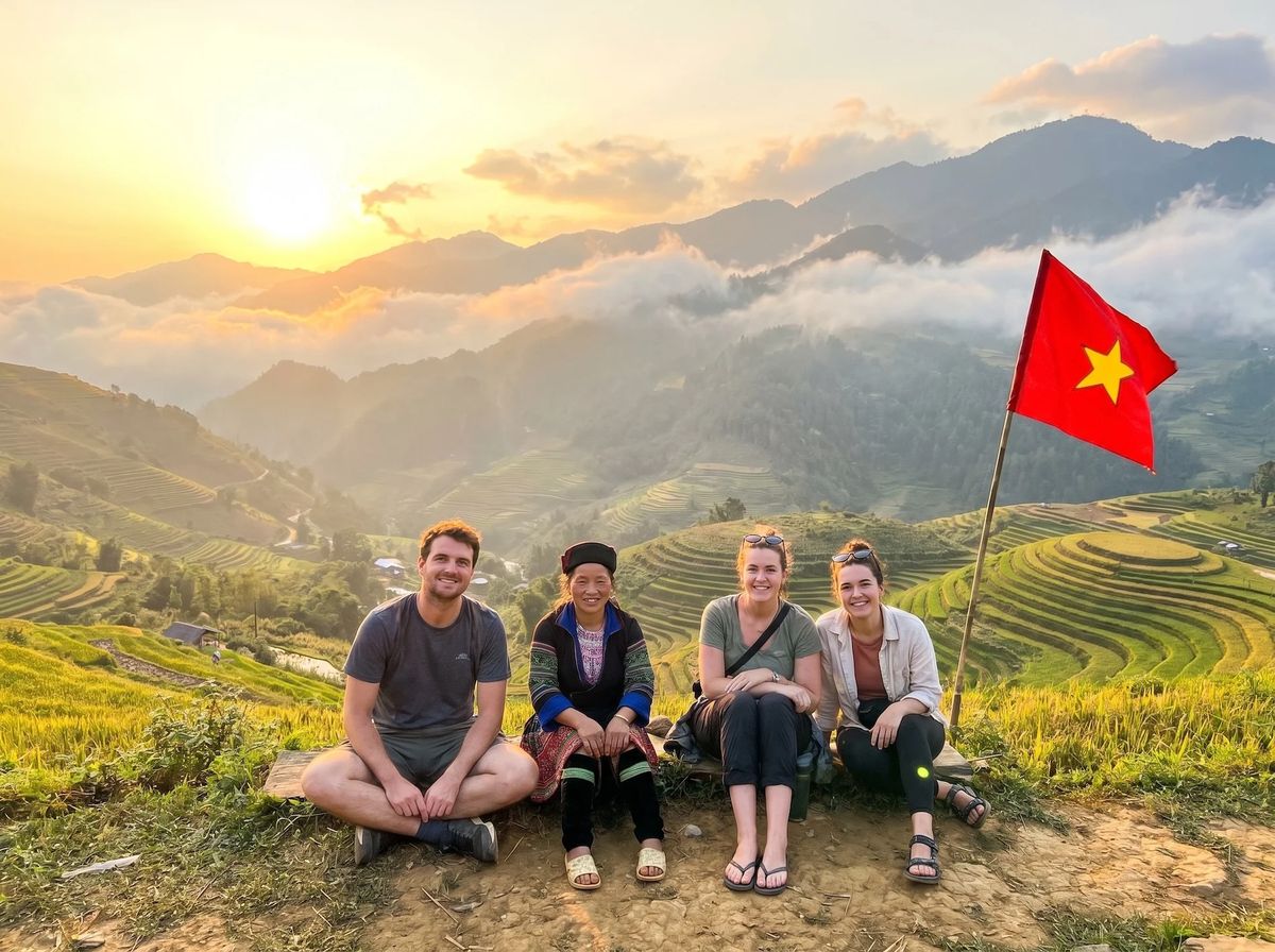 Four people are sitting on a hillside, enjoying the view of the mountains and the sunset