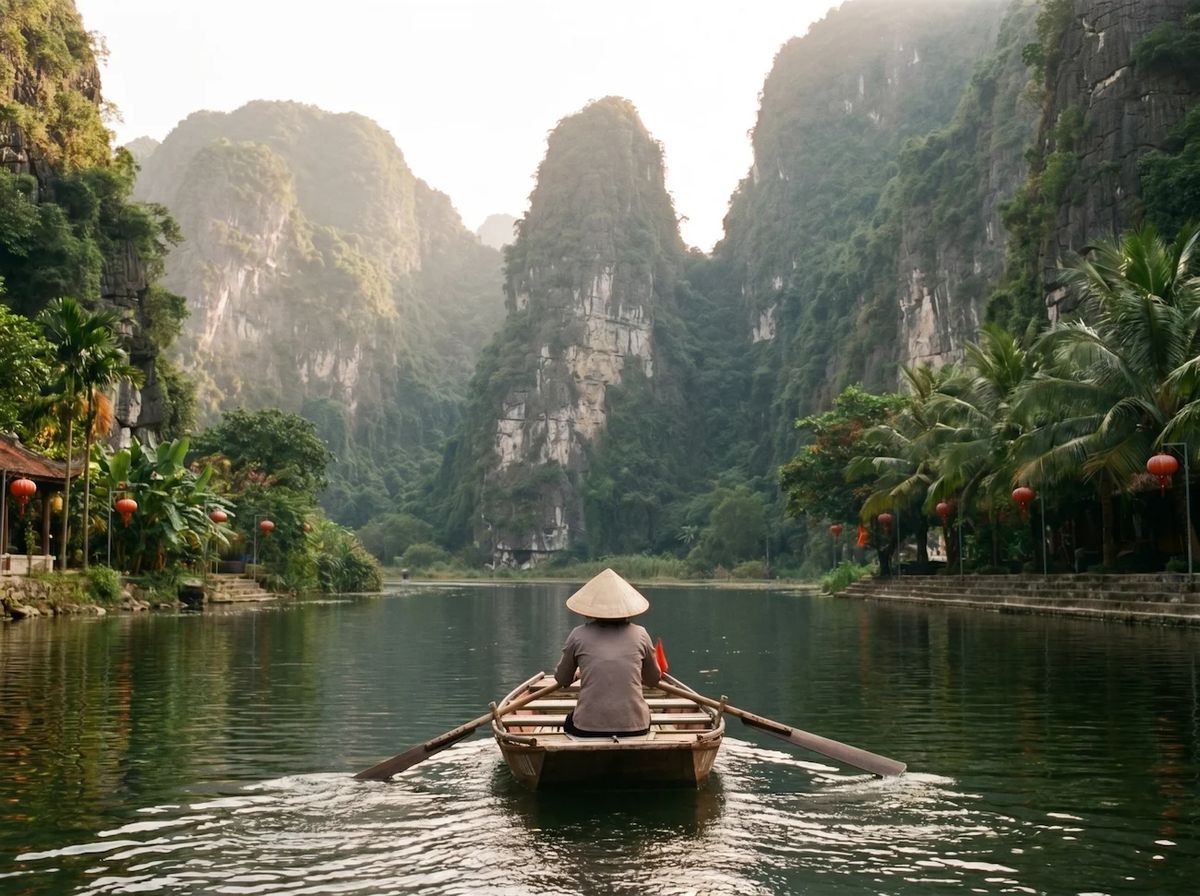 Man in boat on mountain river