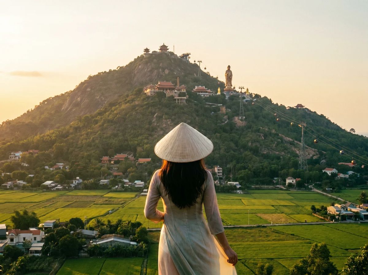 Woman in white dress and hat on hill overlooking valley and mountain