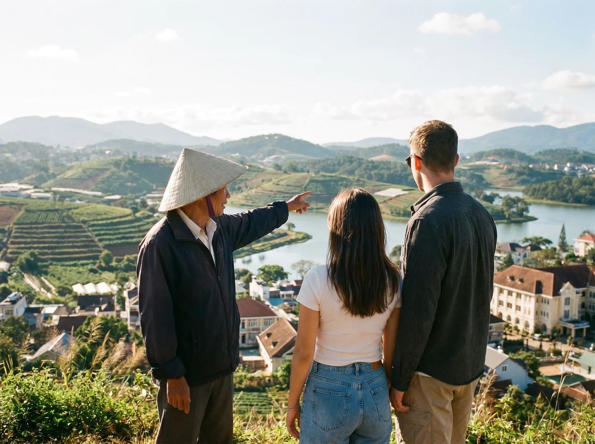 Hilltop trio overlooking water valley