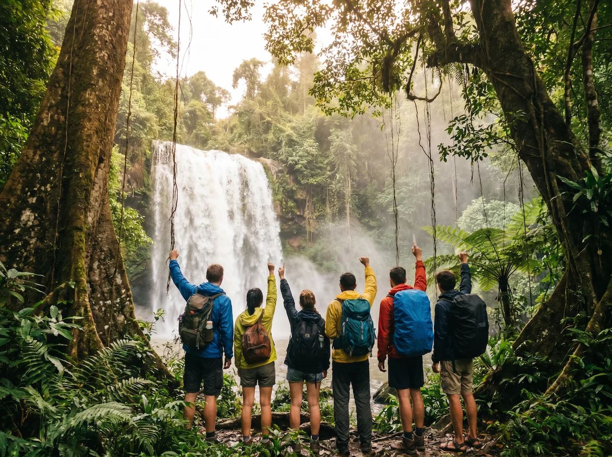Waterfall group with hands up
