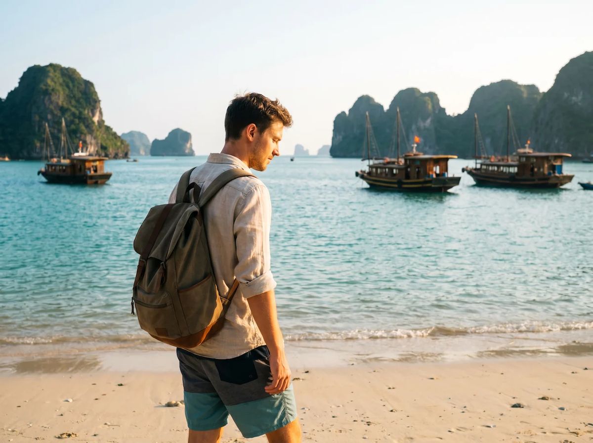 Beach walker among boats