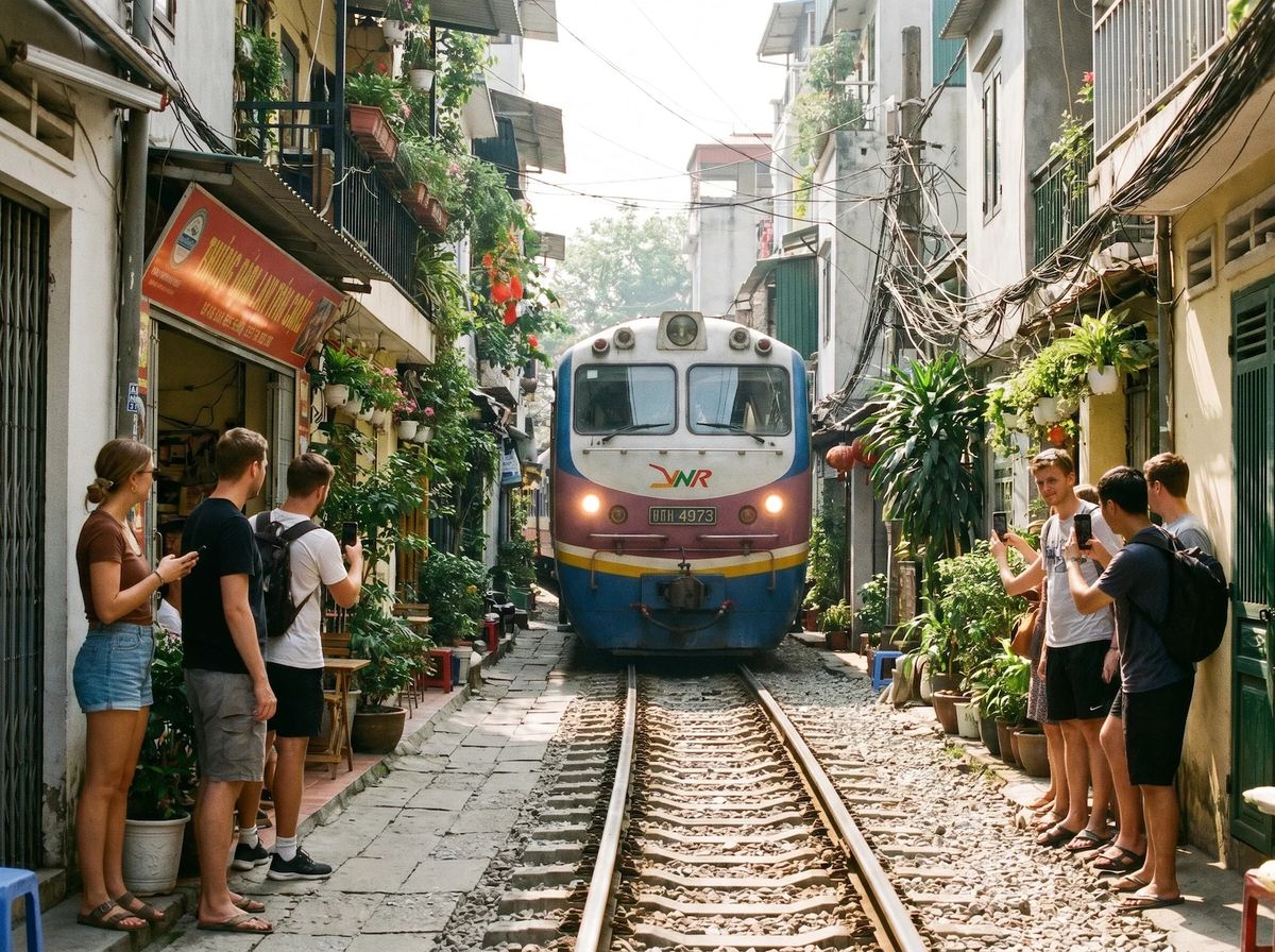narrow street city train buildings people
