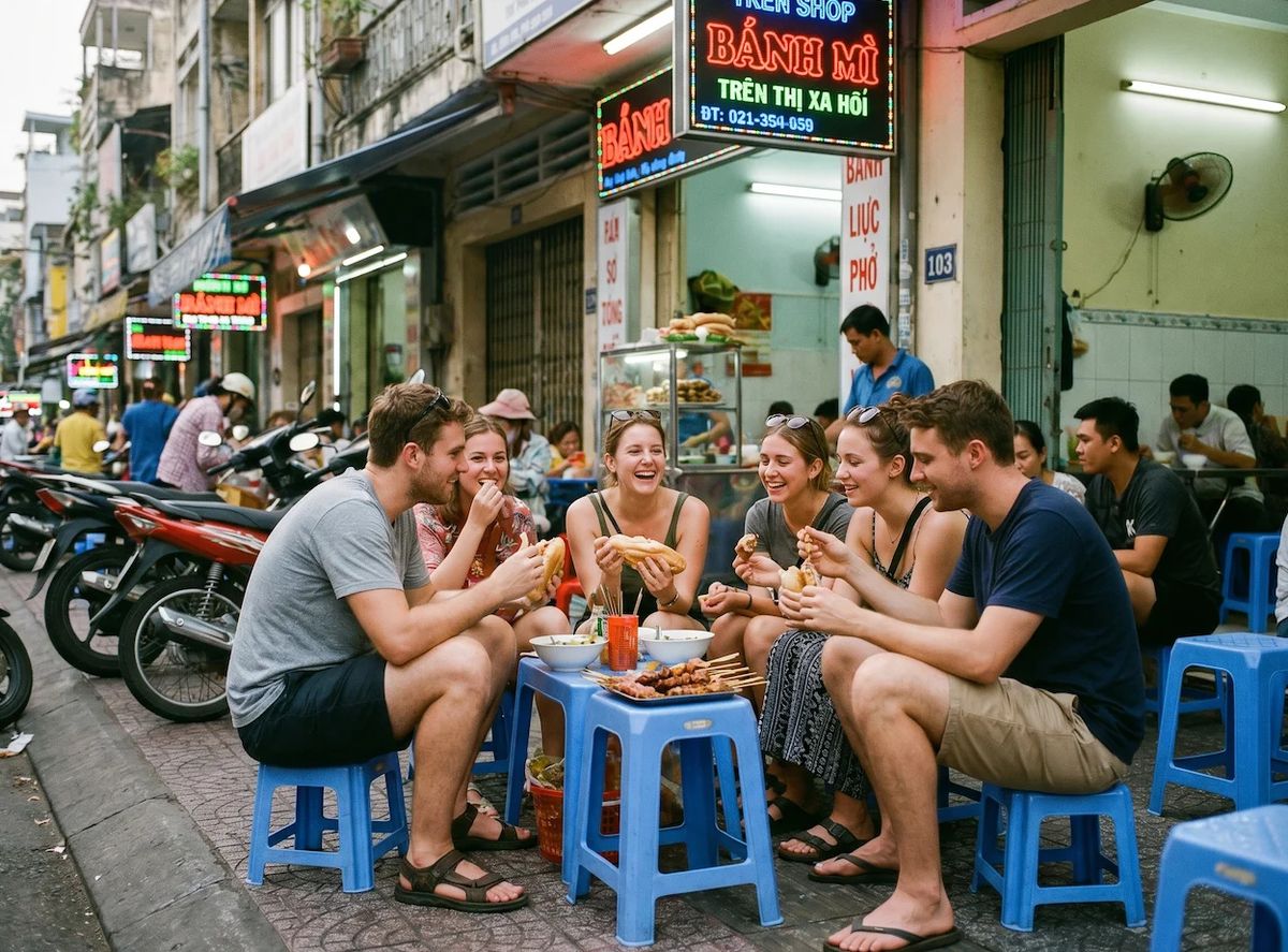 Restaurant dining scene with people enjoying meal