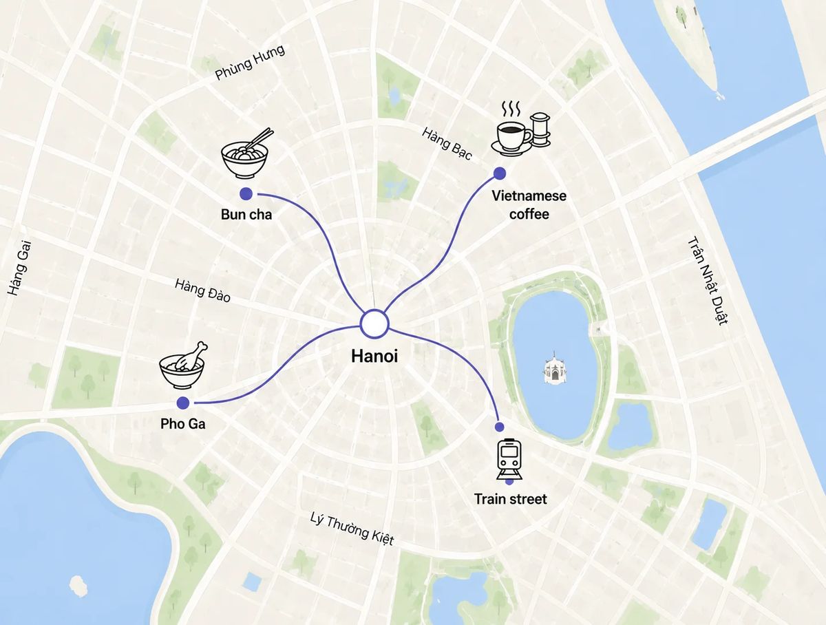 Mapa trasy – Hanoi Walking street food tour (with stop at train street)