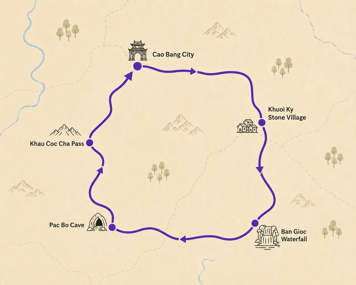 Mapa trasy – Cao Bang Loop — 3-Day Easy Rider Motorbike Tour | Ban Gioc · Pac Bo · Khuoi Ky