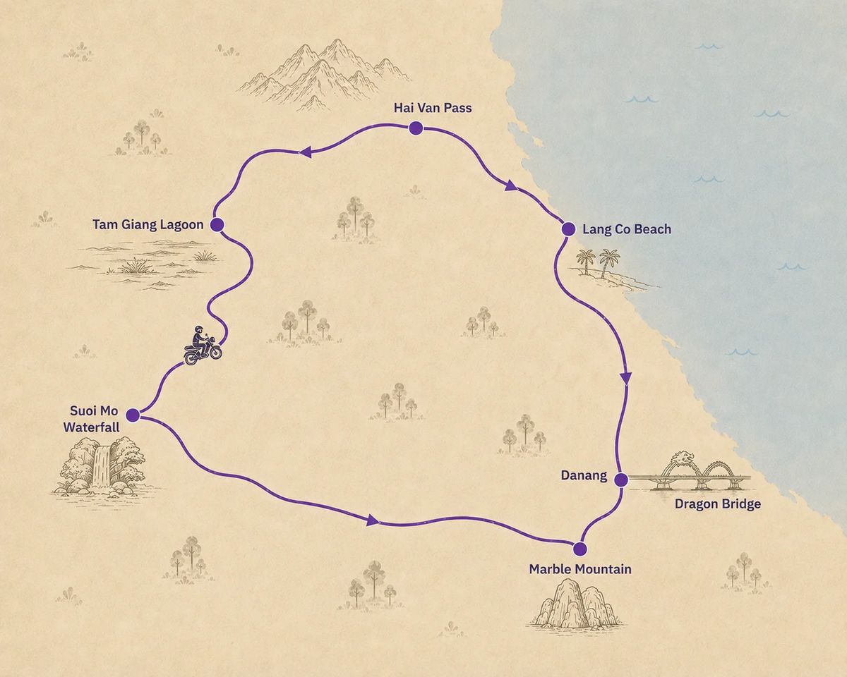 Mapa trasy – Hai Van Pass Easy Rider Motorbike — Private Full Day Tour