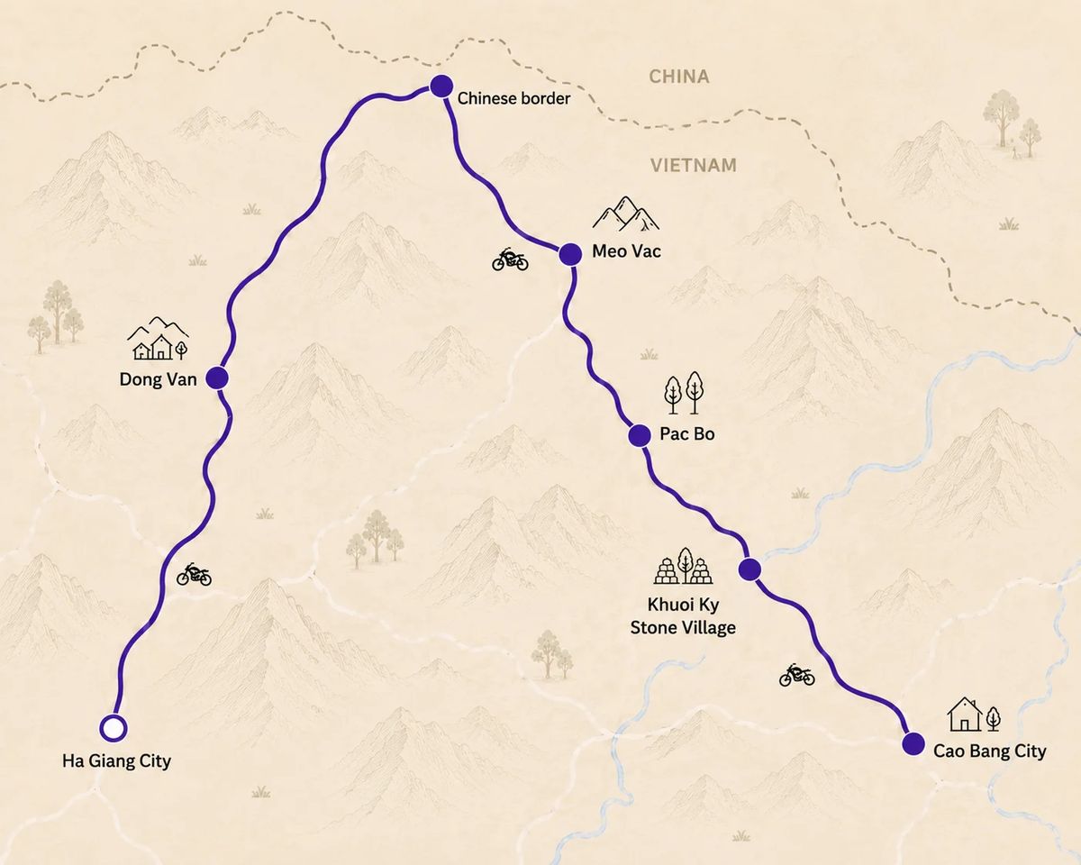 Mapa trasy – Ha Giang to Cao Bang: 5-Day Easy Rider Motorbike Tour
