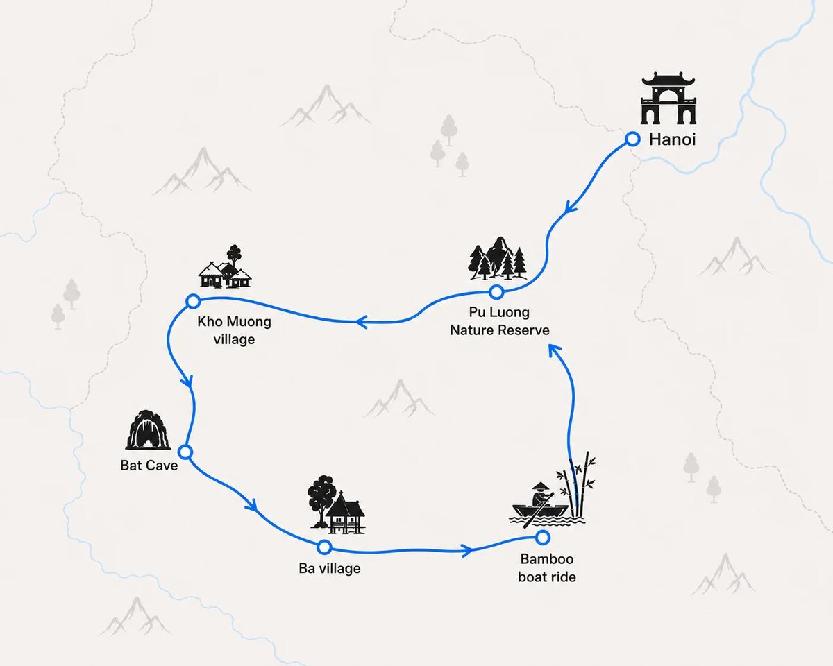 Mapa trasy – Pu Luong Nature Reserve: 2-Day Trek and Bamboo Boat