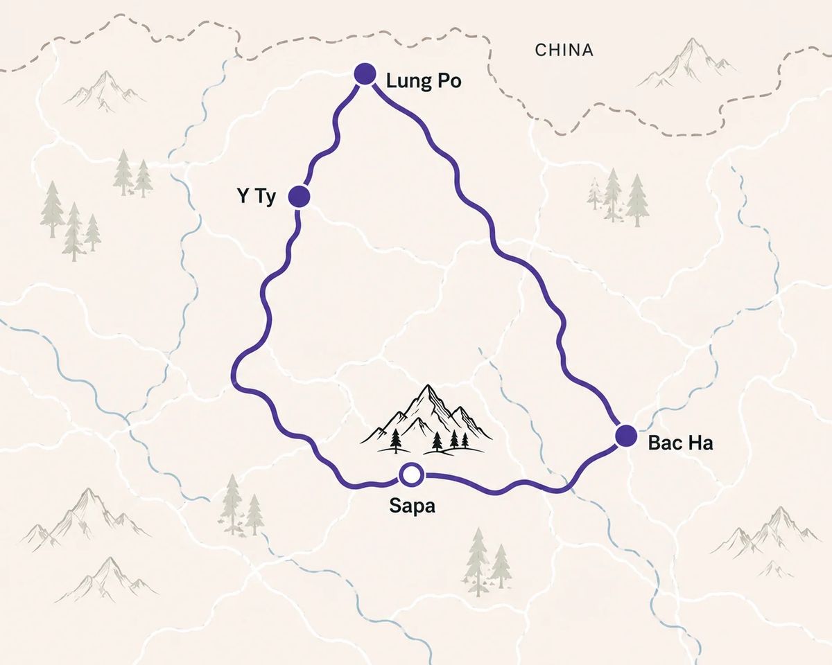 Mapa trasy – 3-Day Sapa Motorbike Tour: Y Ty, Lung Po and Bac Ha