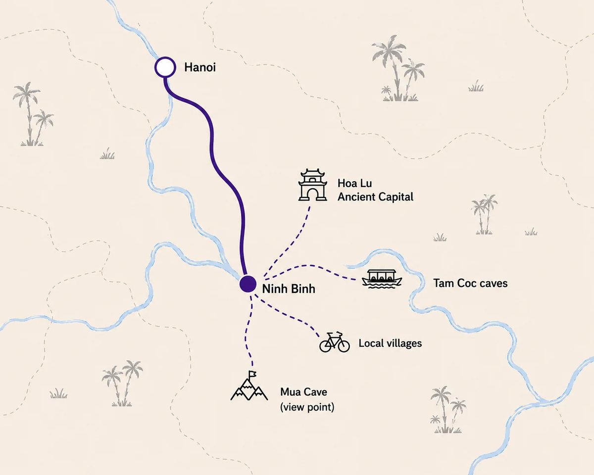 Mapa trasy – Ninh Binh in a Day: Ancient Capitals, River Caves & the Valley from Above