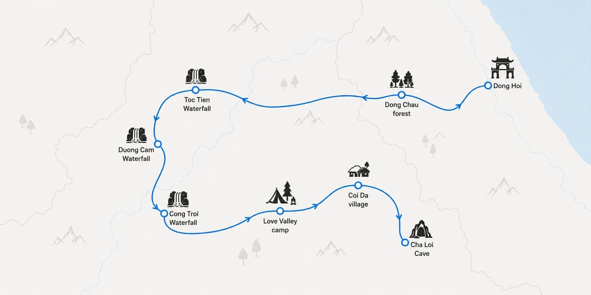 Mapa trasy – 3-Day Dong Chau Forest Camp and Cha Loi Cave, Quang Binh