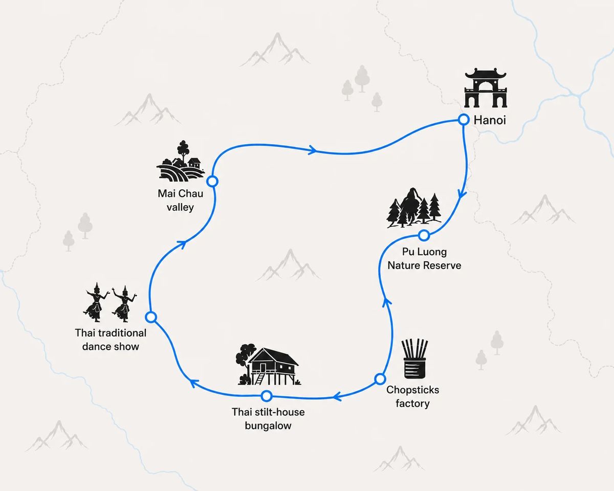 Mapa trasy – Mai Chau and Pu Luong: 2-Day Bicycle, Trek and Thai Village Stay