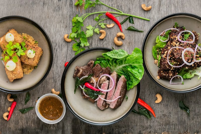 Meat and vegetable platter on table