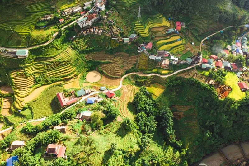 Green hillside with village and dirt road